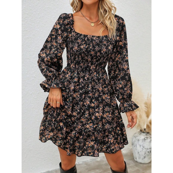 WILA Dresses & Skirts - boho Floral Print long Sleeve shirred bust Ruffle Hem Dress